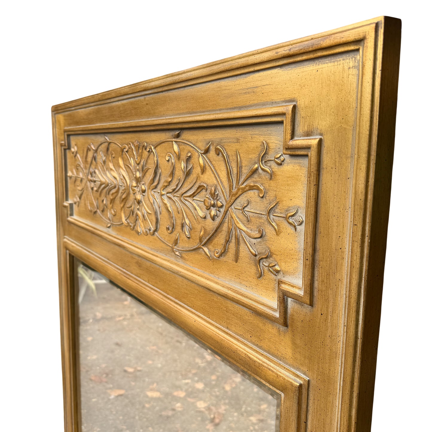 Gilt painted carved frame on contemporary overmantel mirror with aged finish