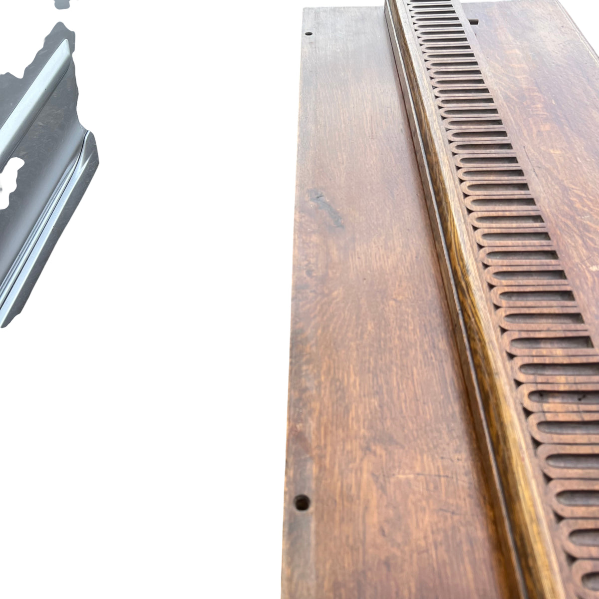 Top view of oak console table showing surface wear and scratches
