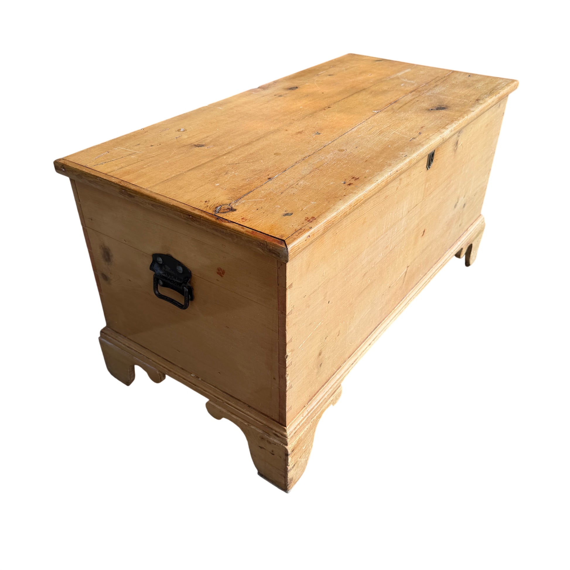 Pine trunk showing side iron handle and plain panelled sides