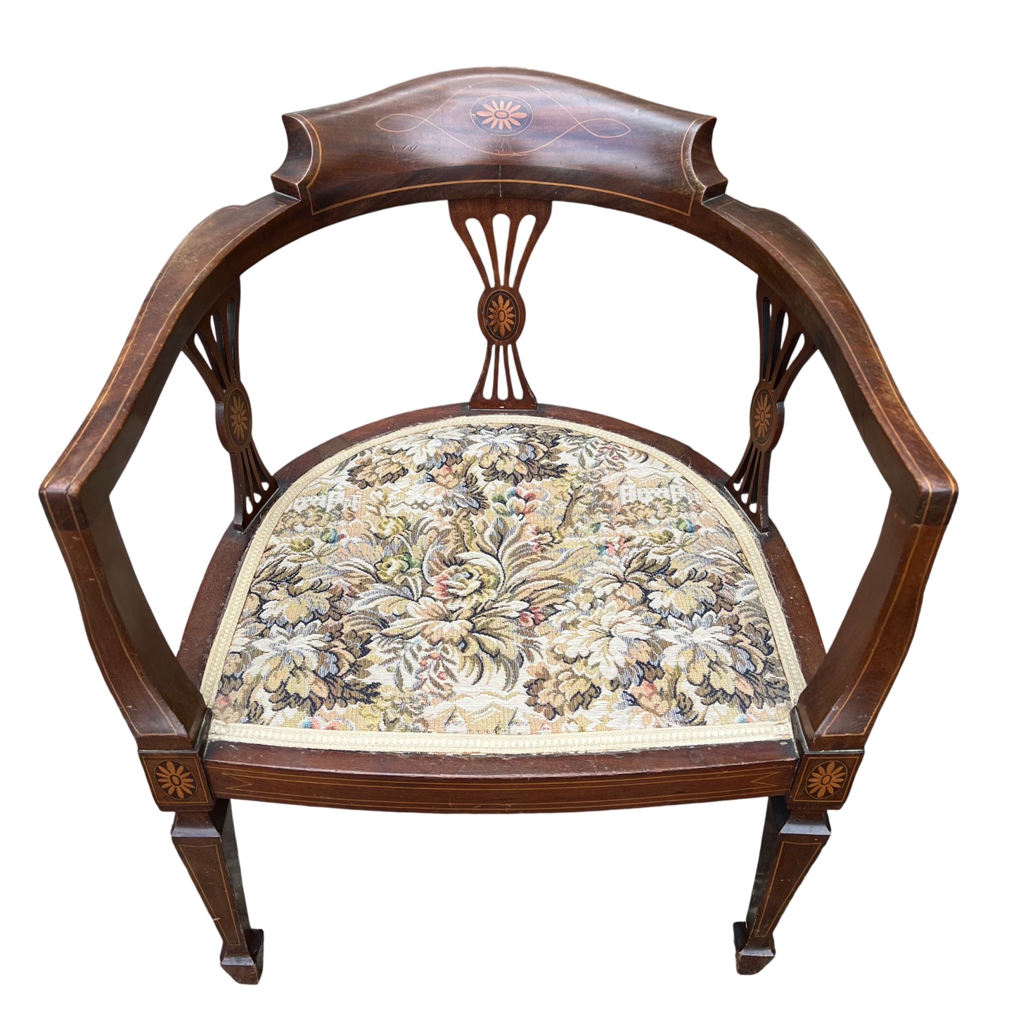 Edwardian inlaid mahogany tub armchair with floral tapestry seat and curved back