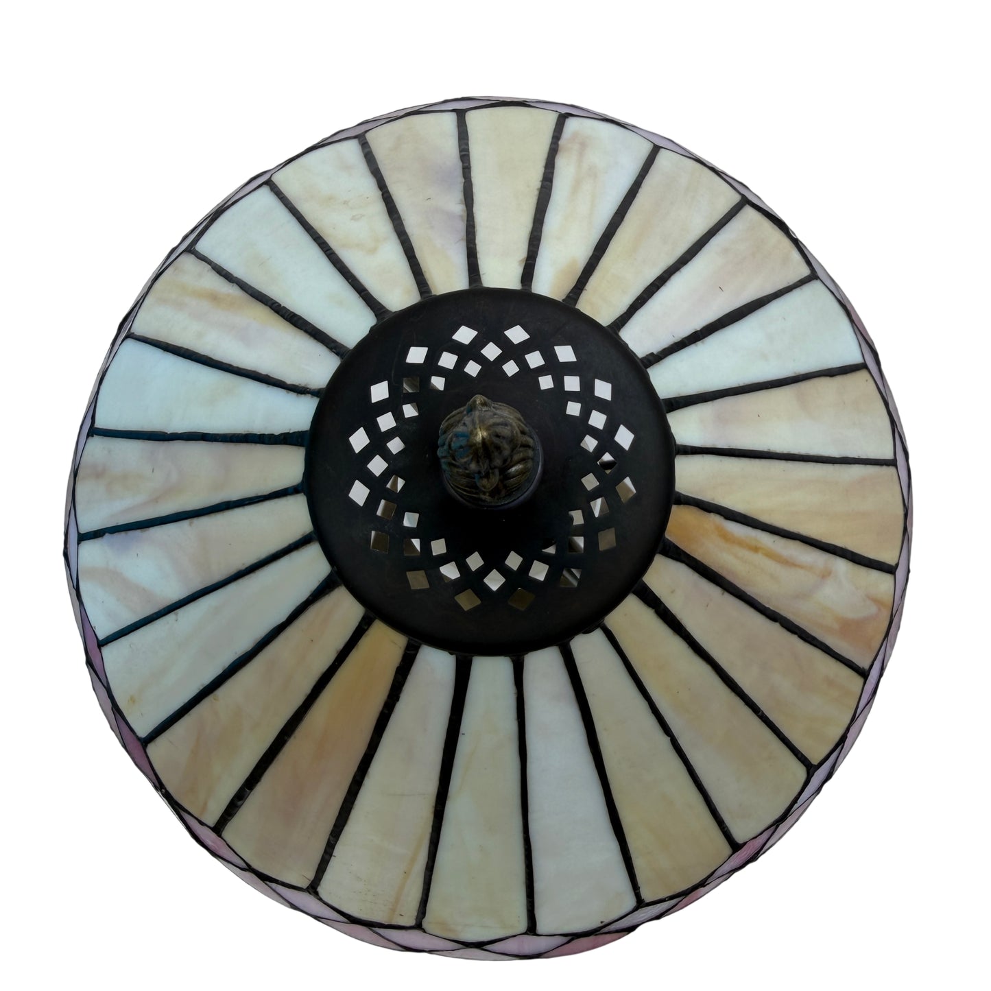 Top view of Tiffany-style leaded glass shade with pierced metal gallery and decorative finial