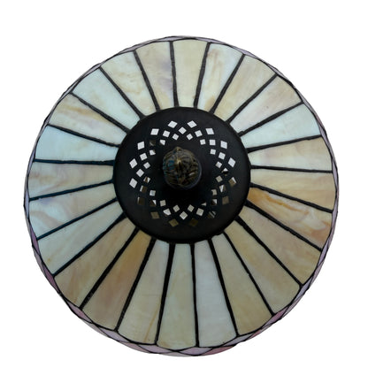 Top view of Tiffany-style leaded glass shade with pierced metal gallery and decorative finial