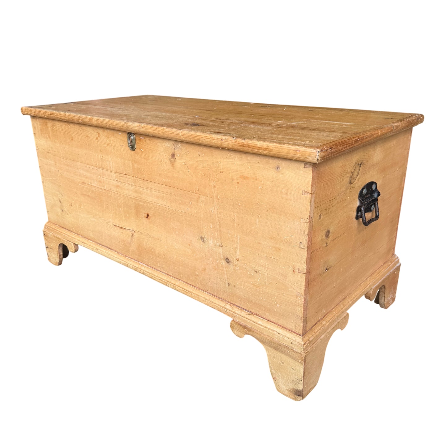 Vintage pine blanket box with brass escutcheon and iron handles