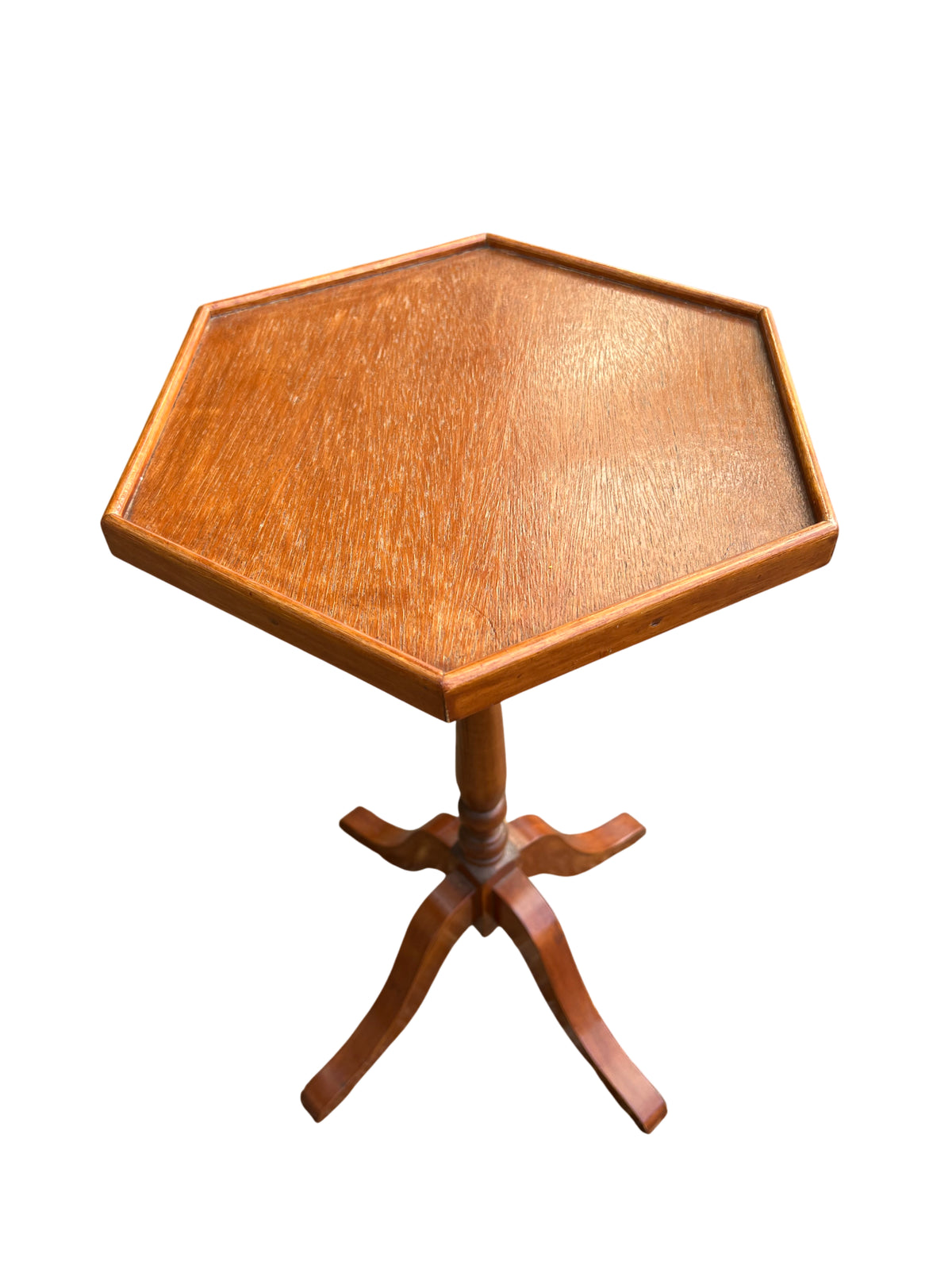 Mid Century hexagonal oak pedestal table with turned central column and tripod base