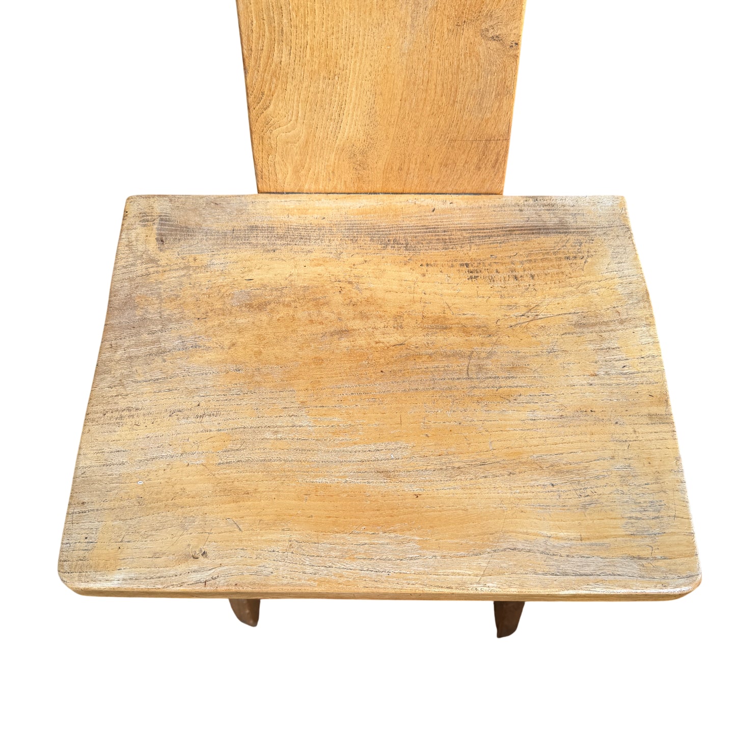 Set of four rustic oak dining chairs with square seats and pegged sides