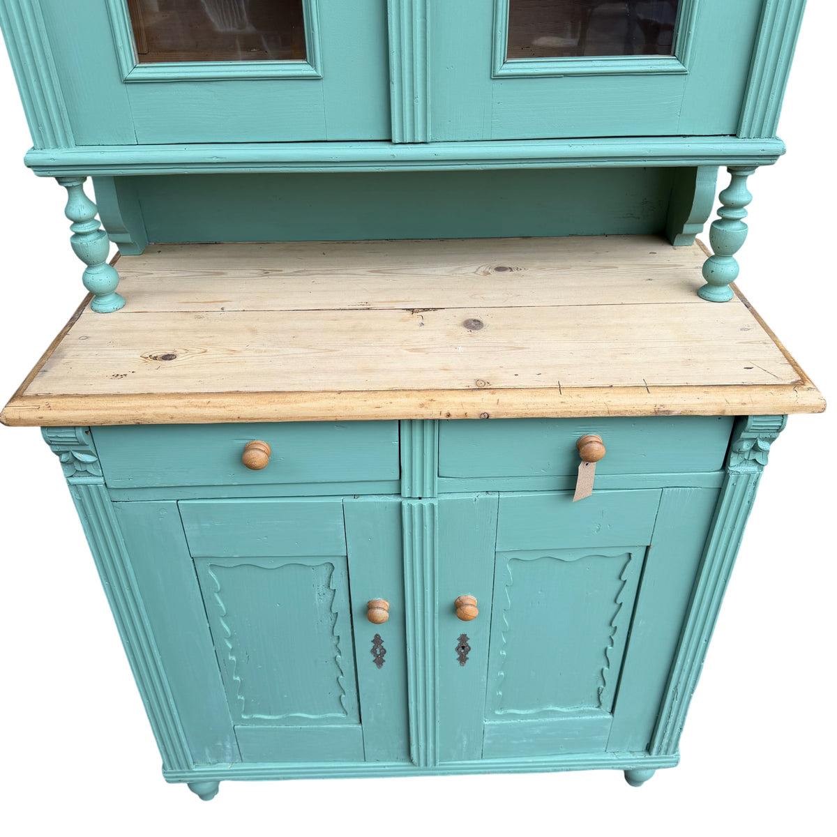 Painted pine dresser with removable top section balanced on turned supports