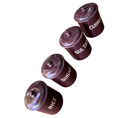 Purple enamel canister labelled Sugar with white lettering close up