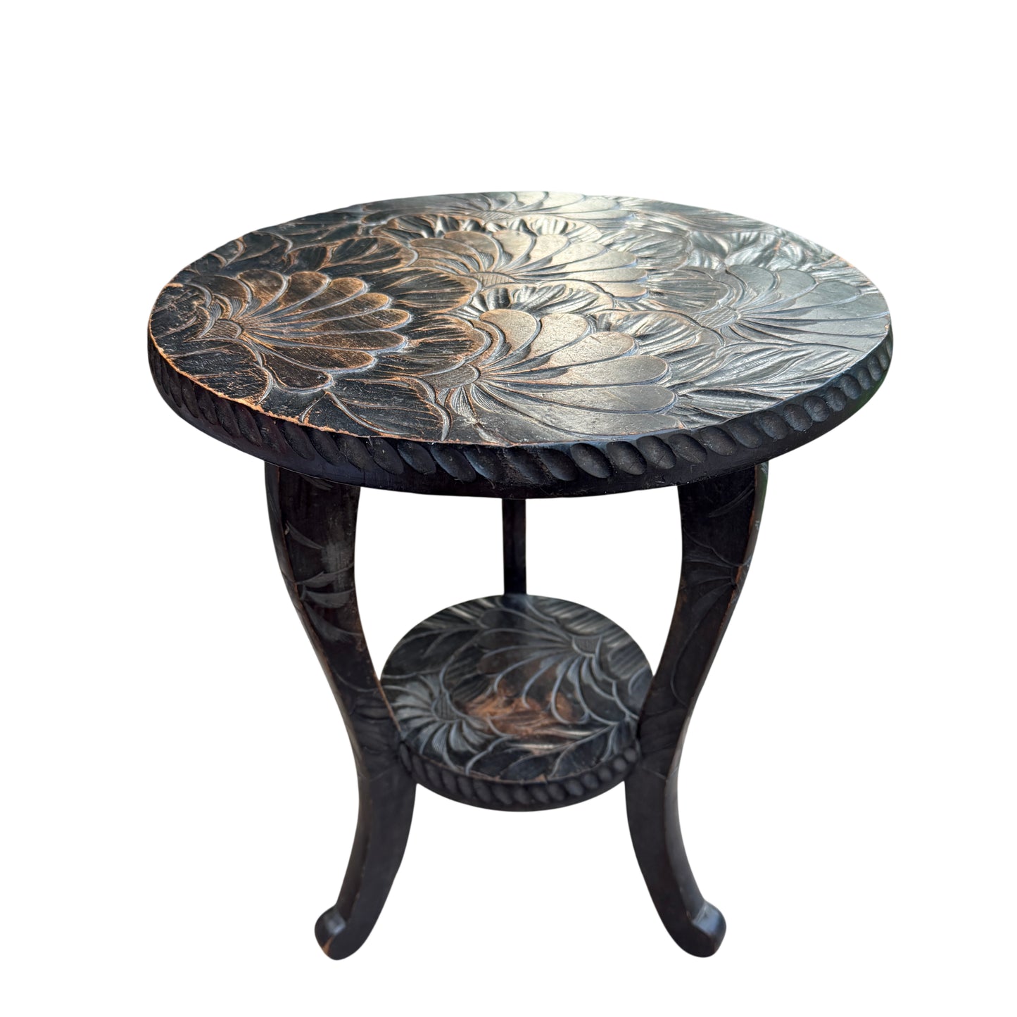 Carved hardwood side table with round floral carved top in Liberty Anglo-Japanese style