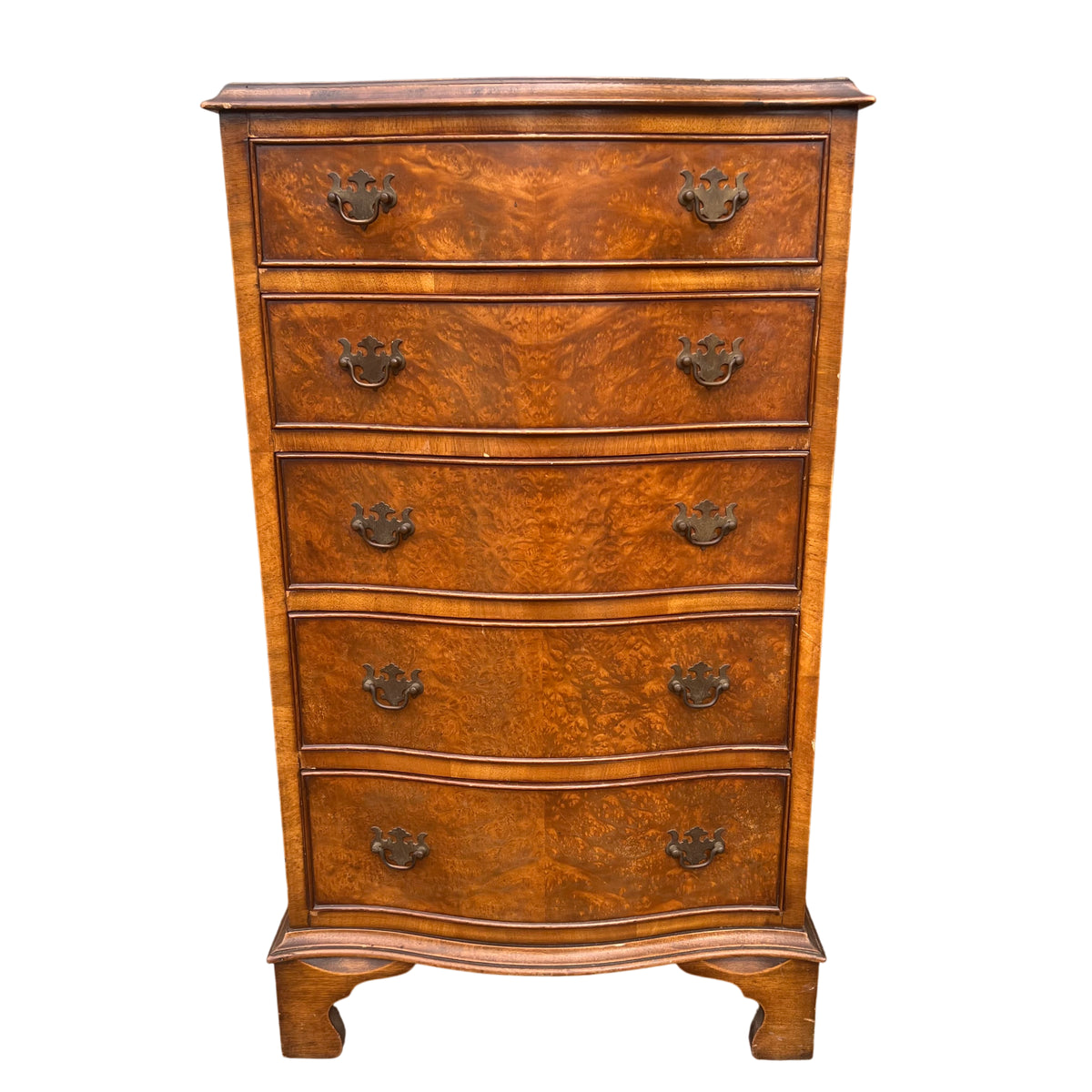 Vintage burr walnut tall chest of drawers with curved bombe fronts and brass drop handles