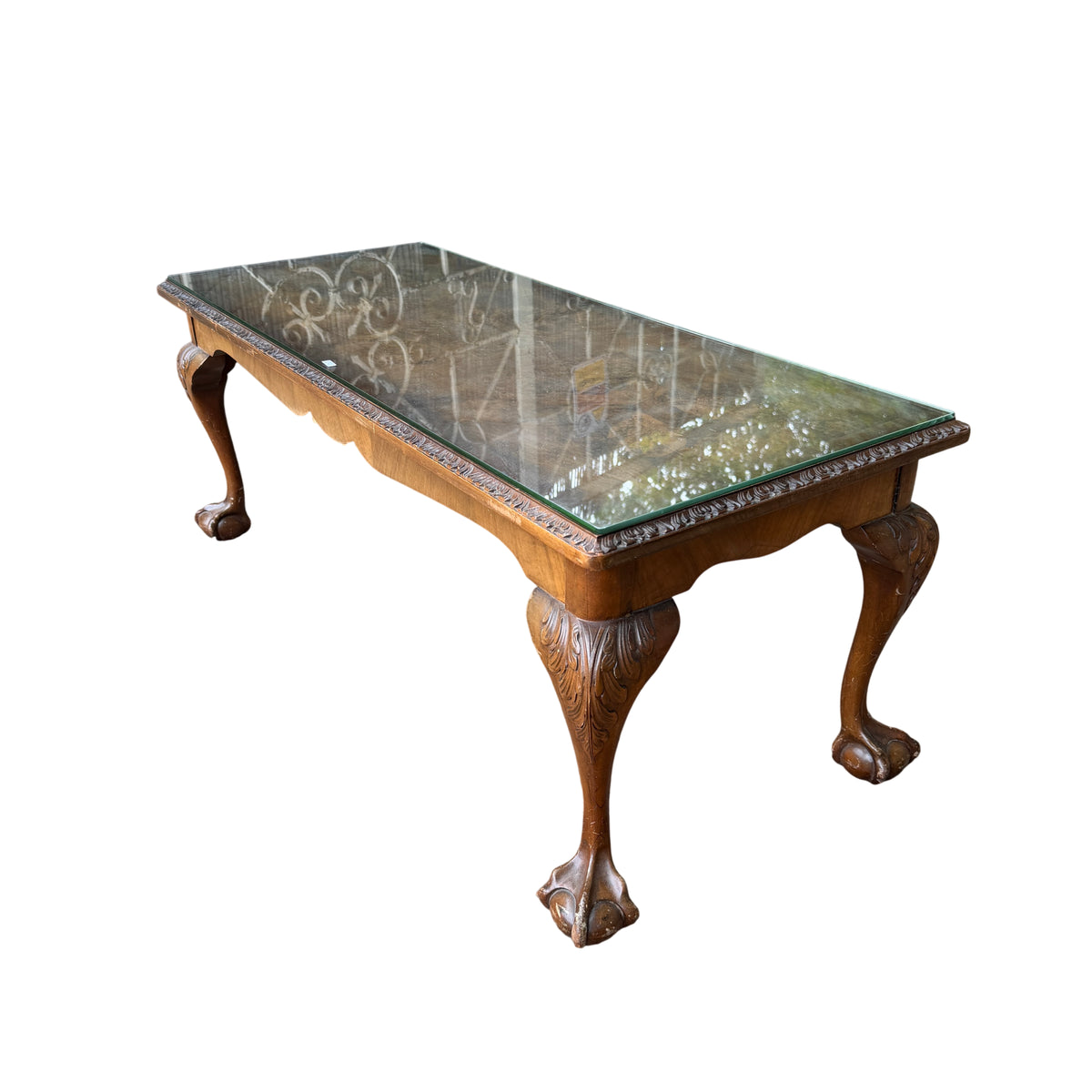 Underside and leg join of vintage reproduction walnut coffee table