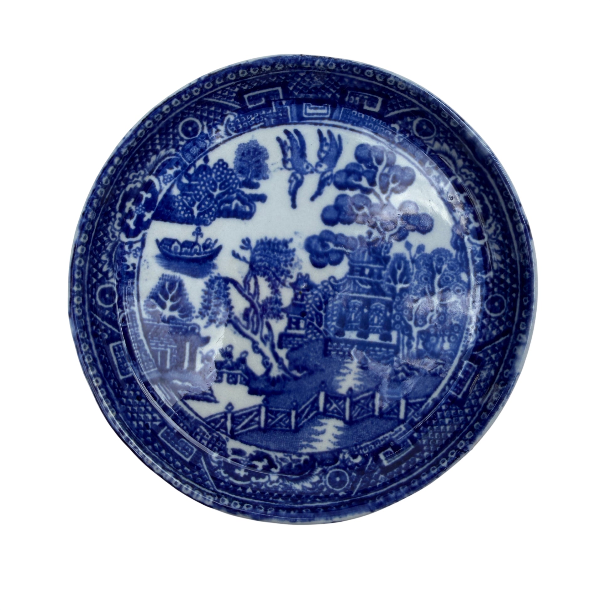 Willow Pattern blue and white butter pat by W. Adams & Sons Staffordshire ceramic dish