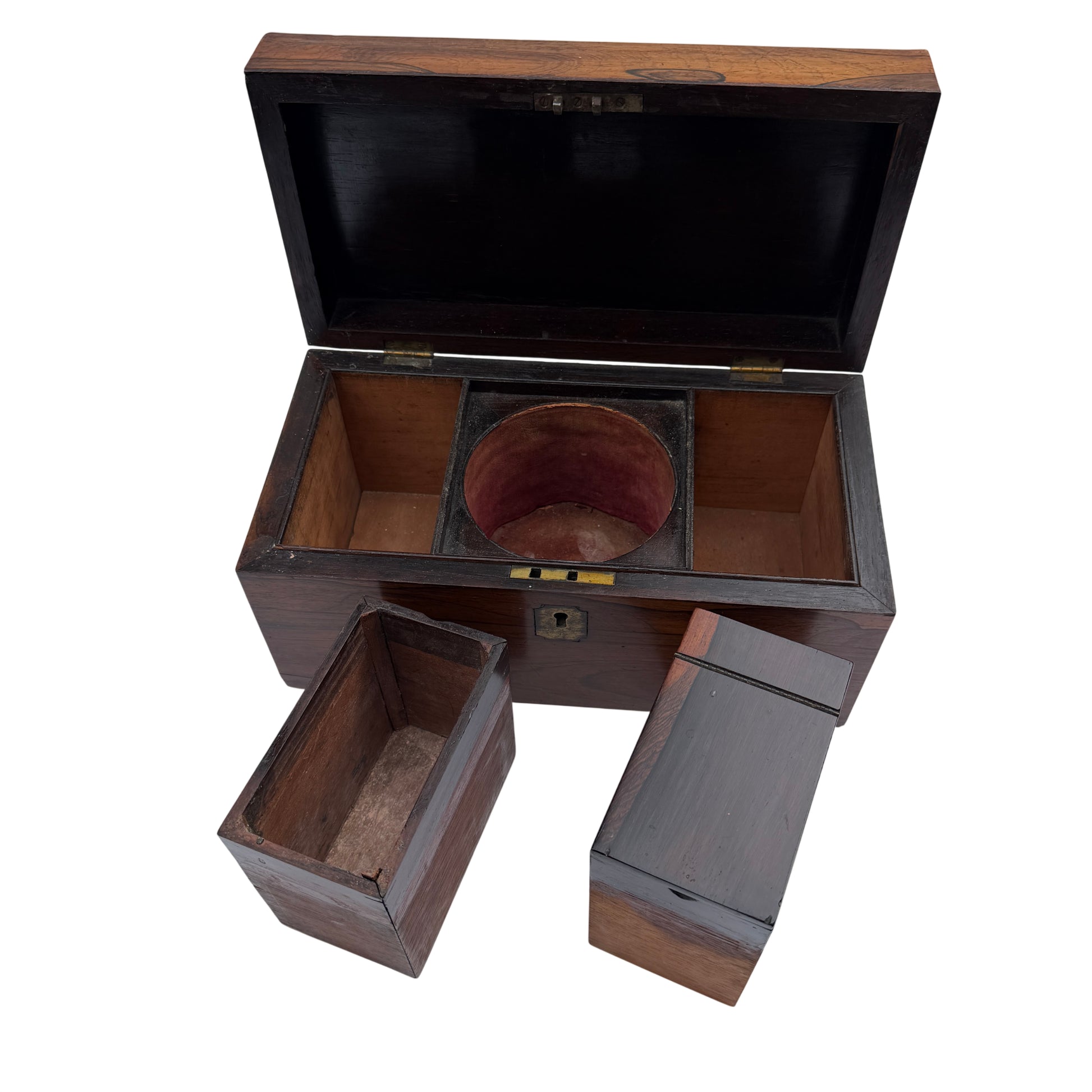 Detail of rosewood veneer grain and book‑matched pattern on tea caddy lid