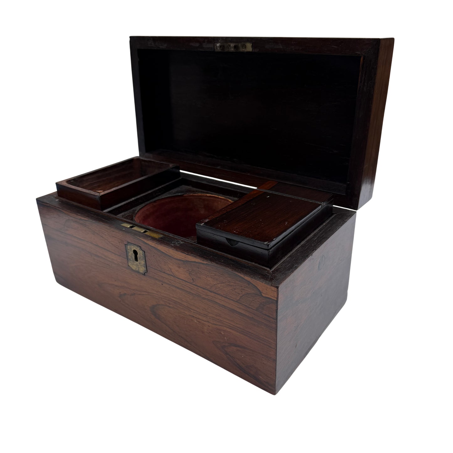 Mid‑Victorian rosewood tea caddy with fitted interior and book‑matched veneer