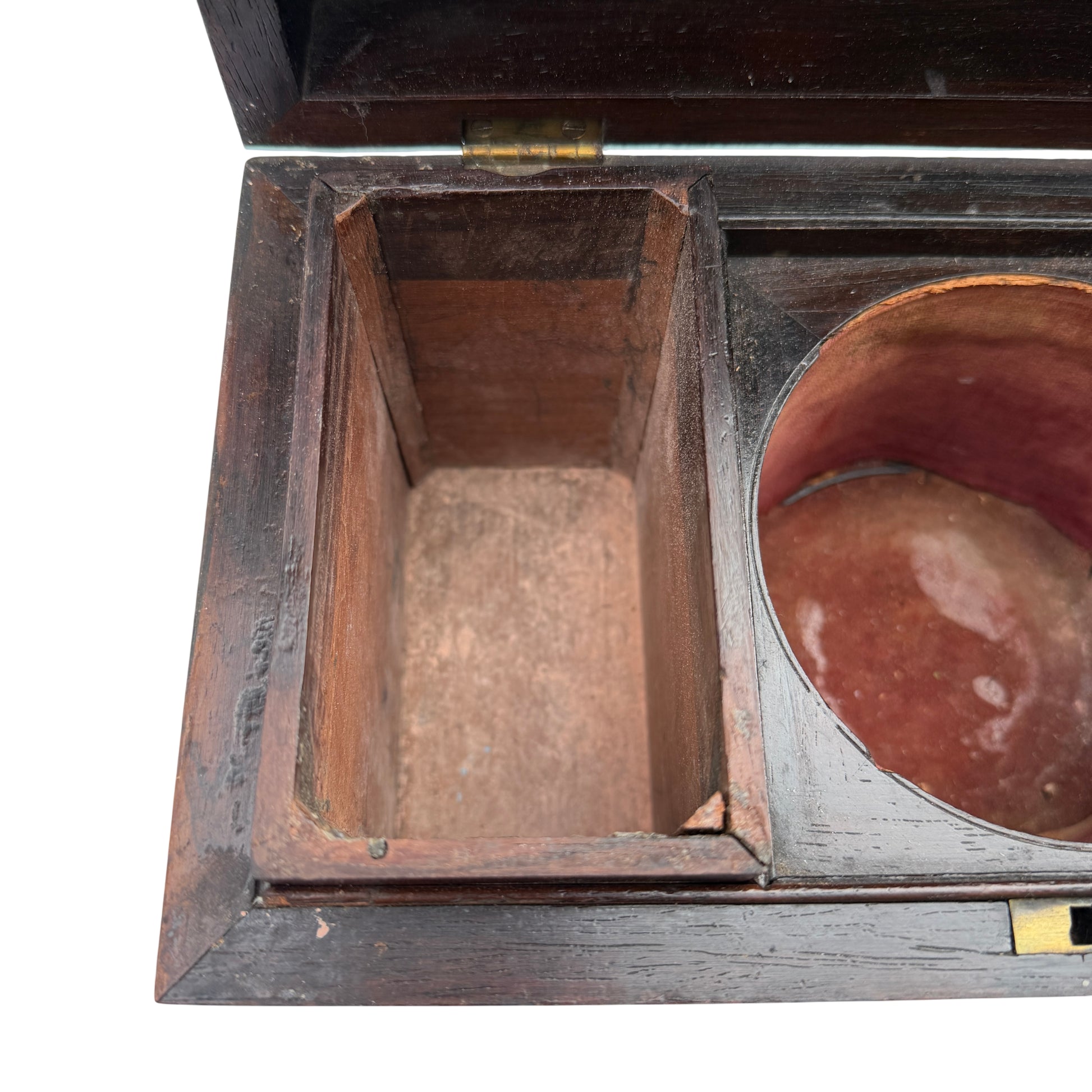 Interior view of tea caddy showing one removable compartment and missing central bowl