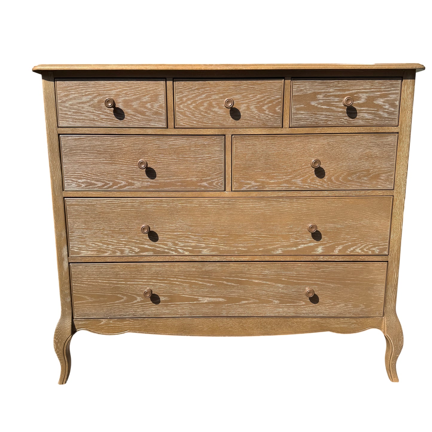 Front view of tall oak-effect chest of drawers with five drawers and whitewashed grain finish