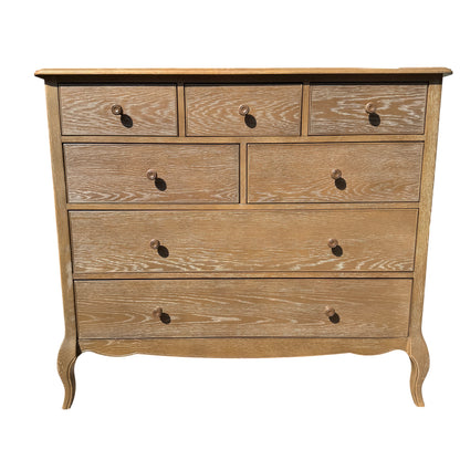 Front view of tall oak-effect chest of drawers with five drawers and whitewashed grain finish