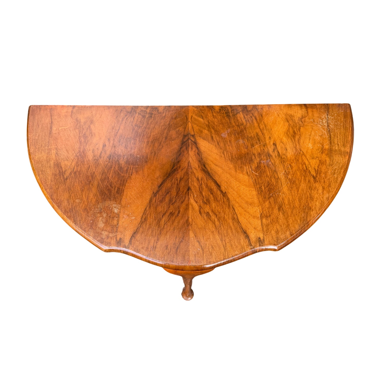 Side view of vintage half moon hall table showing cabriole leg detail
