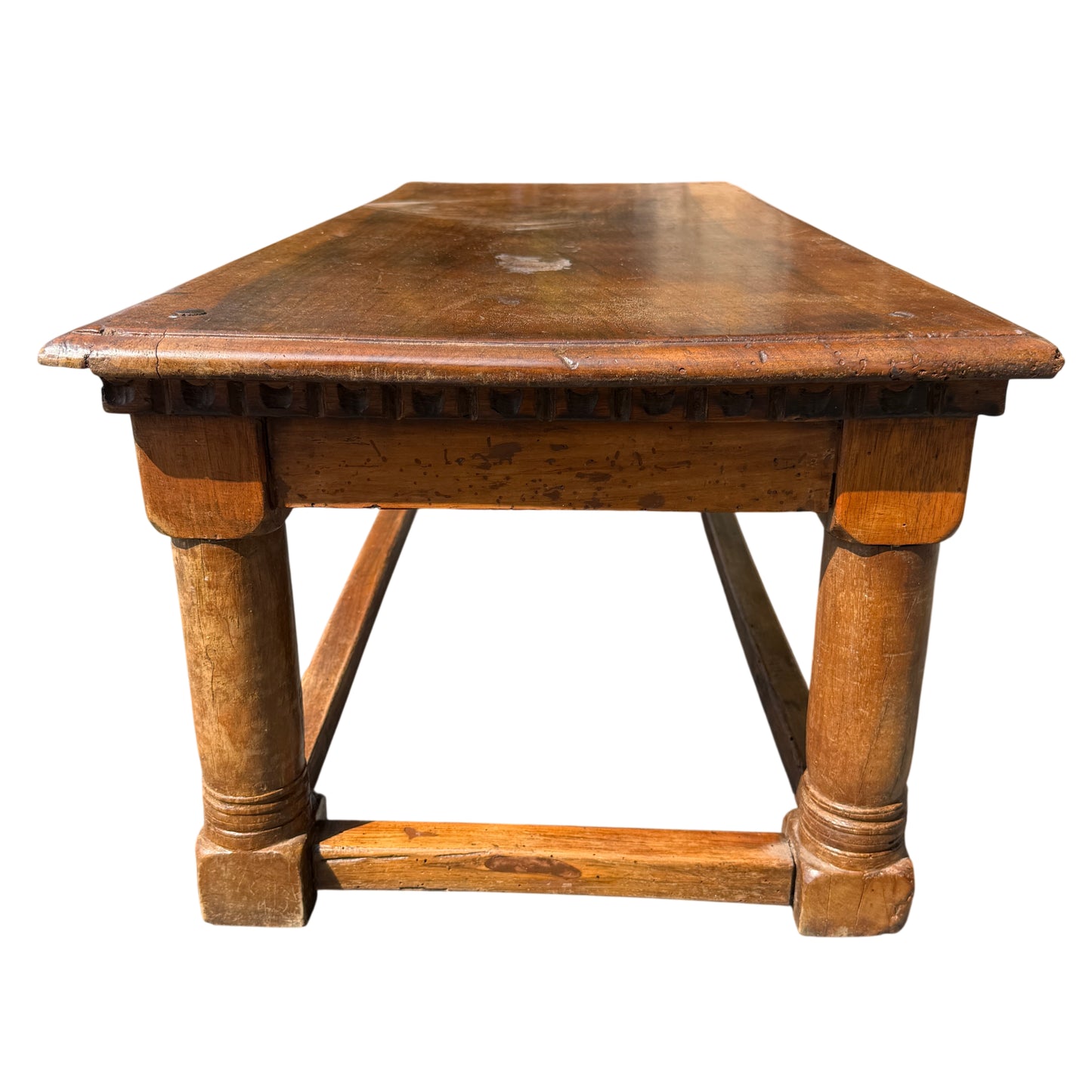 Turned oak leg and stretcher supporting a low Victorian coffee table