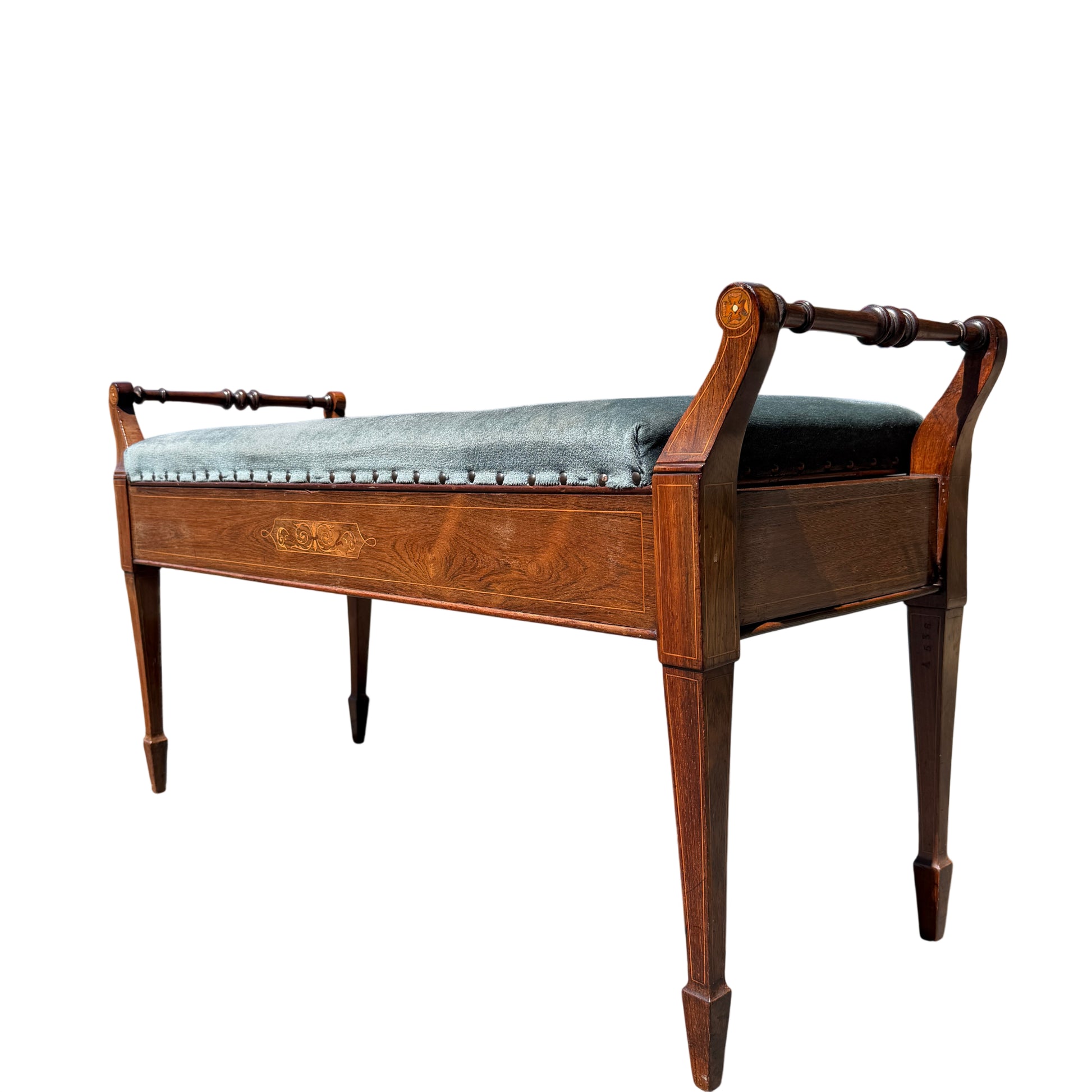 Edwardian piano stool hall bench by James Shoolbred with upholstered lift-up seat and brass maker's plaque