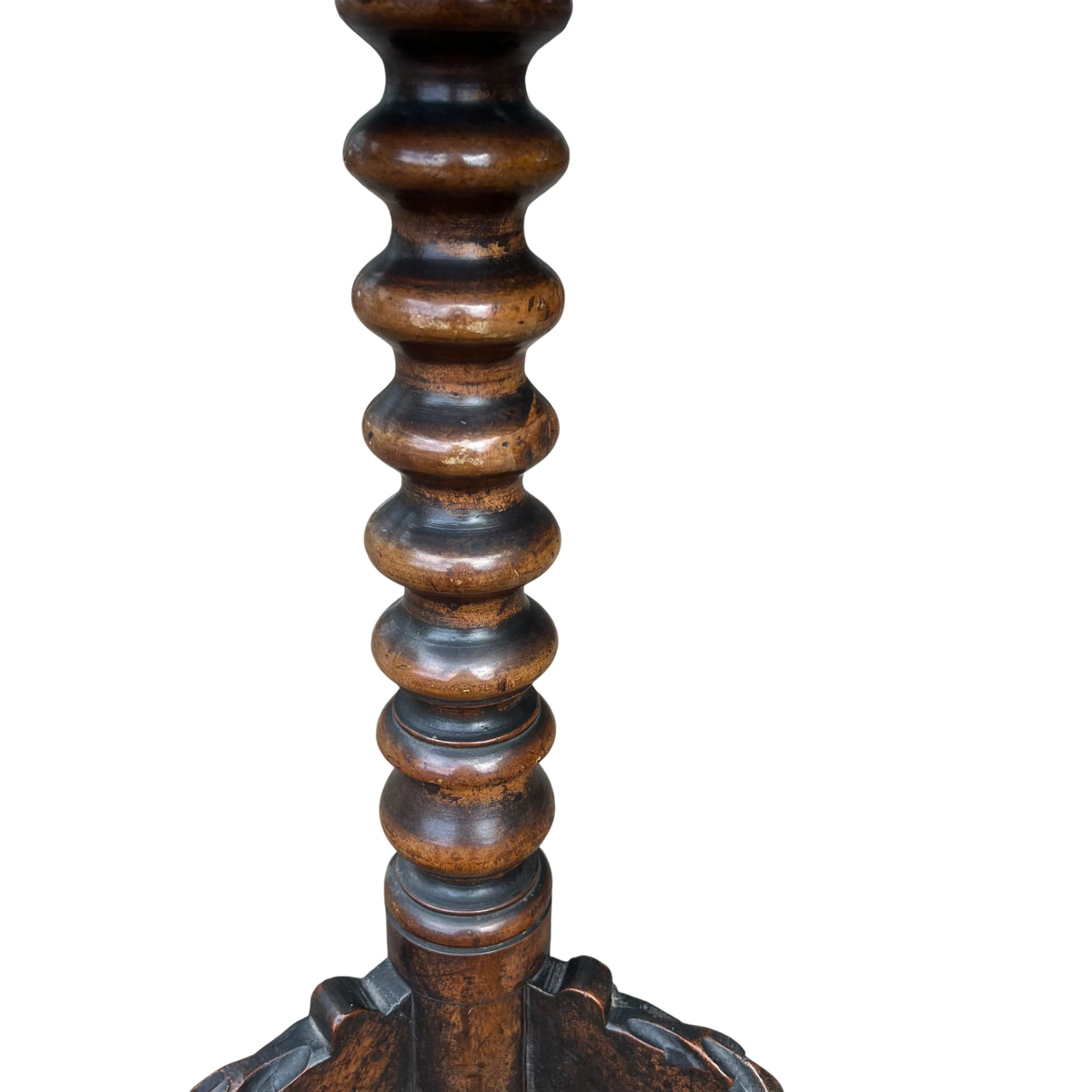 Full height view of bobbin-turned central column on a walnut tripod side table