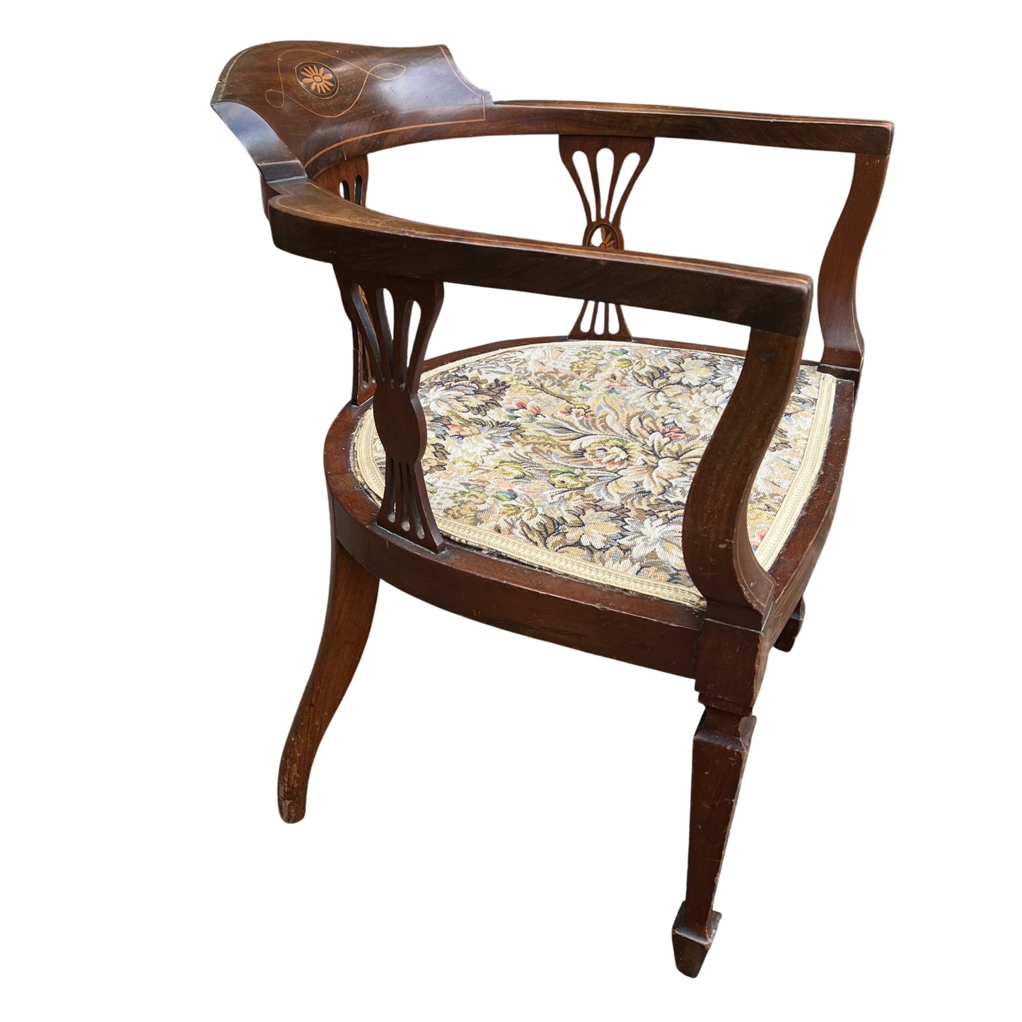 Curved open armrests and inlaid banding on mahogany armchair