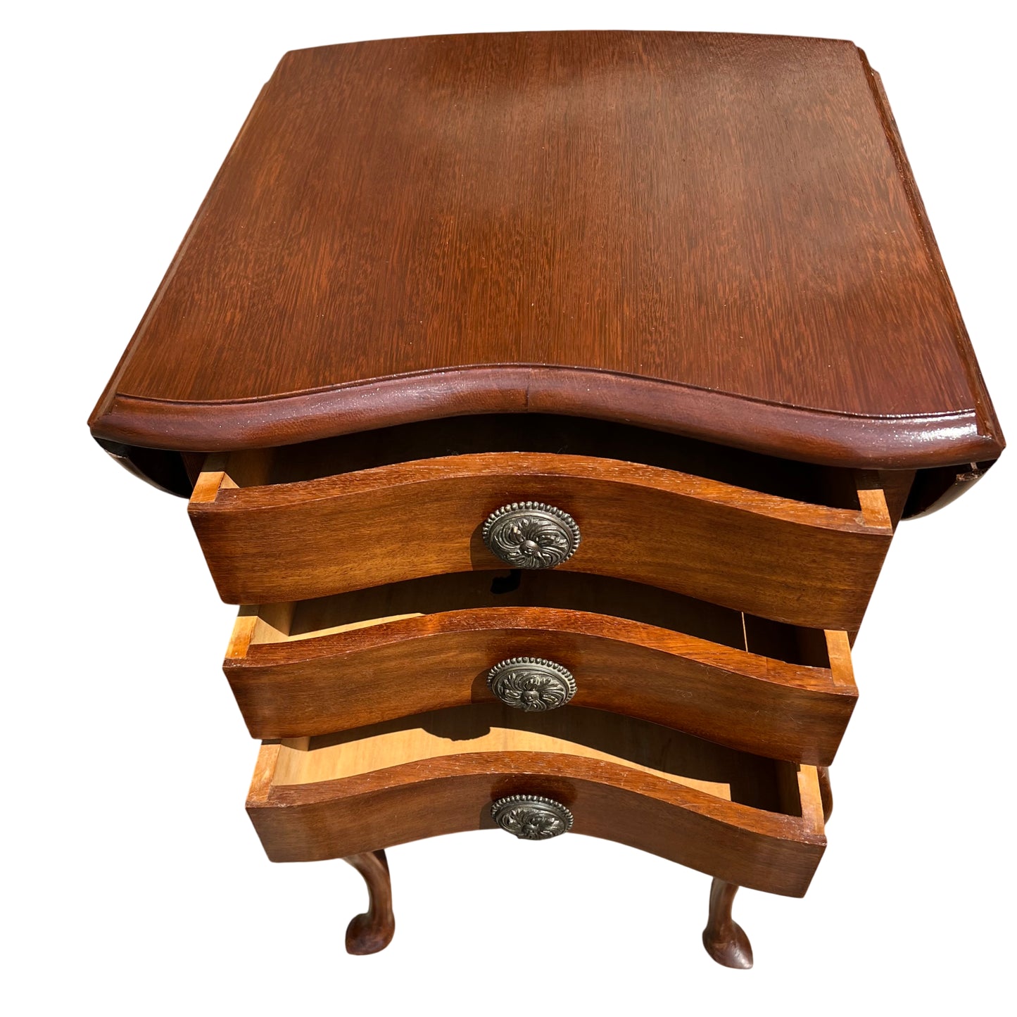 Side view of small walnut finish bedside table showing cabriole leg