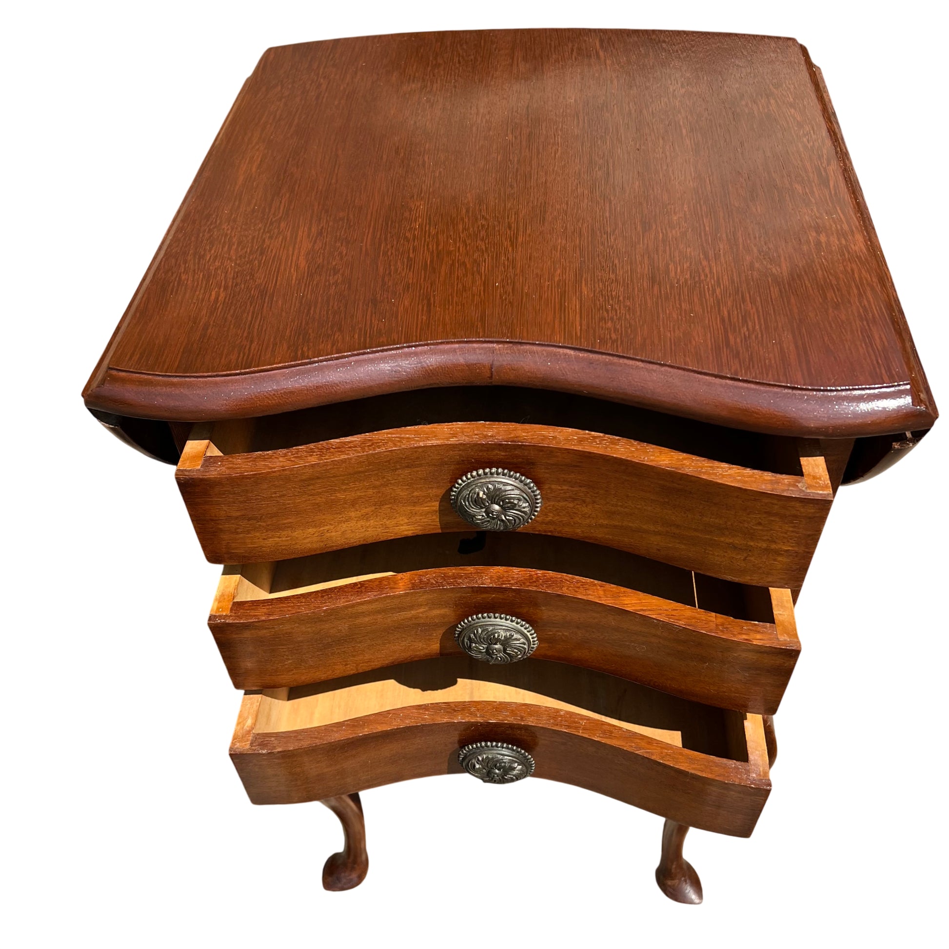 Side view of small walnut finish bedside table showing cabriole leg