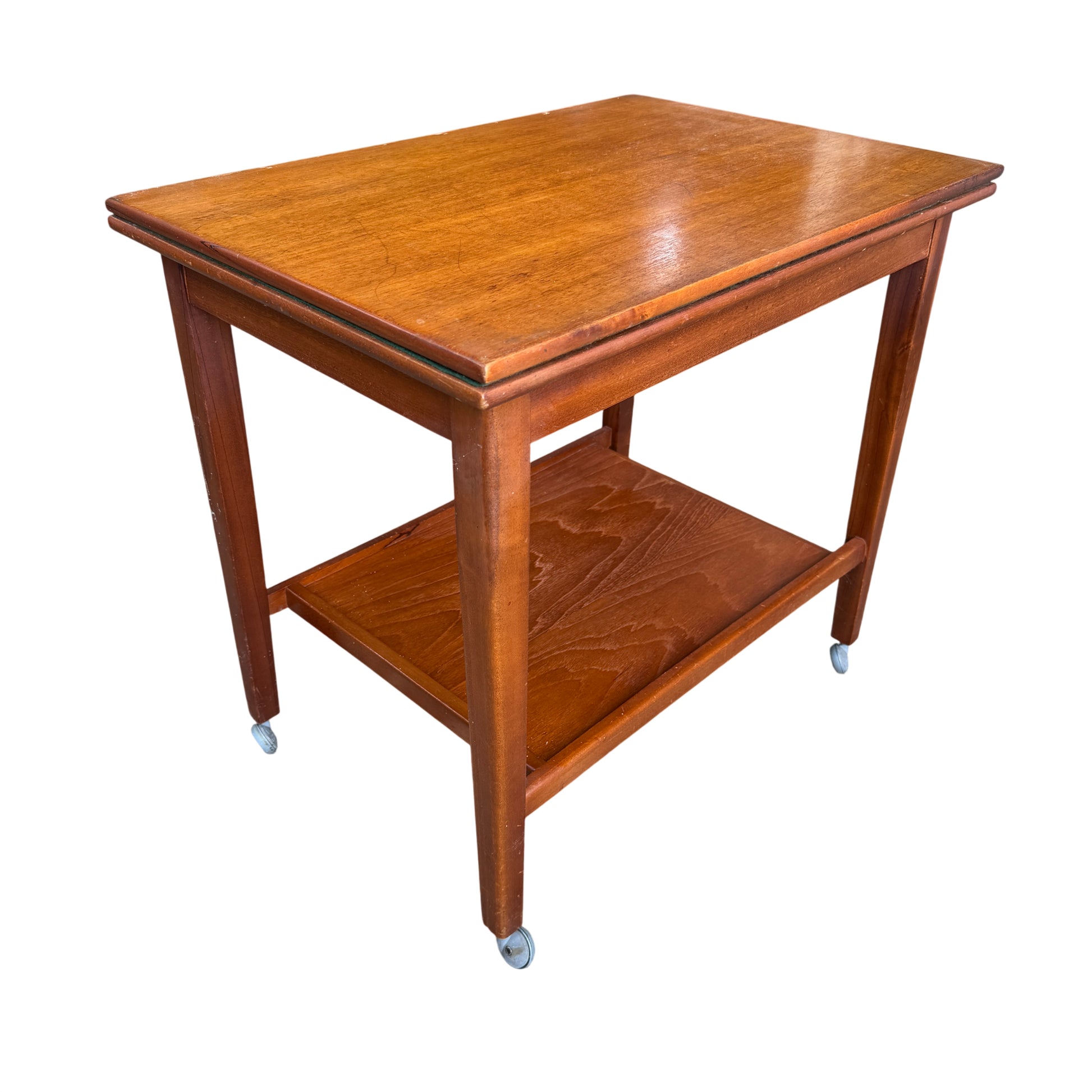 Vintage mid century folding card table trolley in stained wood with green felt top