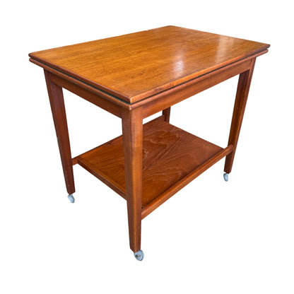 Vintage mid century folding card table trolley in stained wood with green felt top