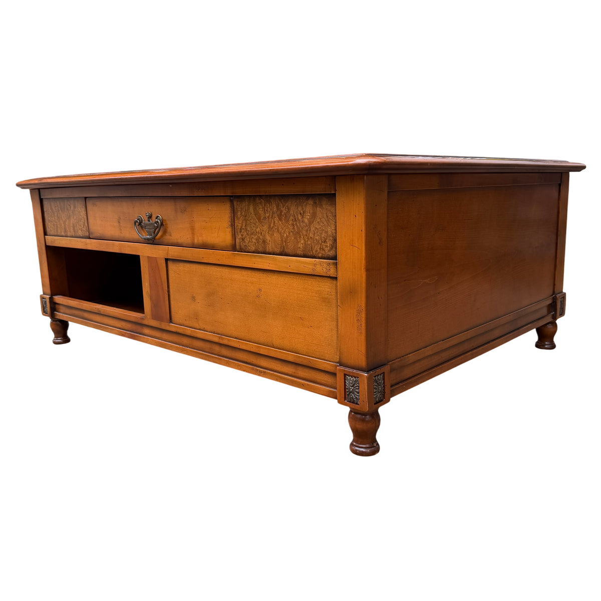 Coffee table with double-sided drawer and brass handle on front