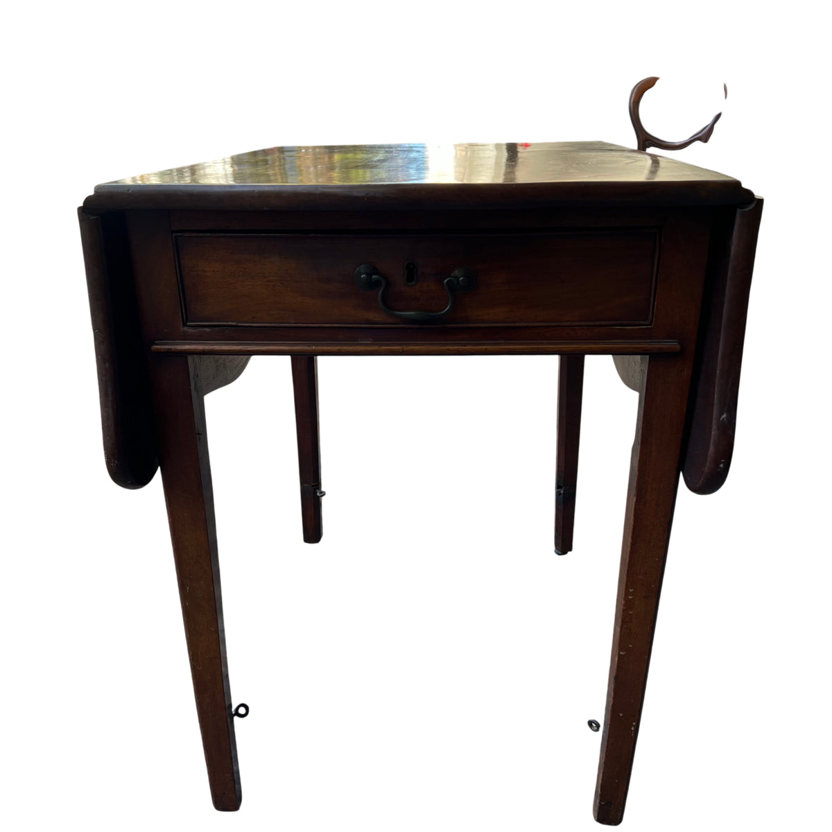 Drop-leaf side table with drawer showing top surface and extension leaves