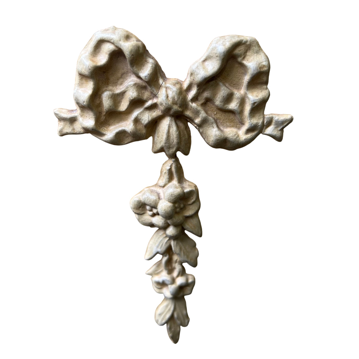 Lower section of chest showing carved leg detail and pad foot in cream paint