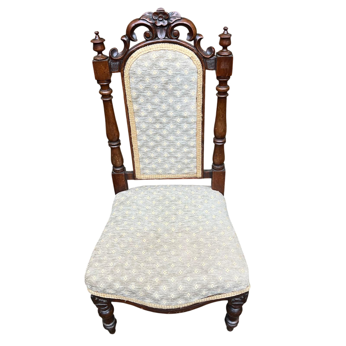 Upholstery pattern and seat close-up showing light staining