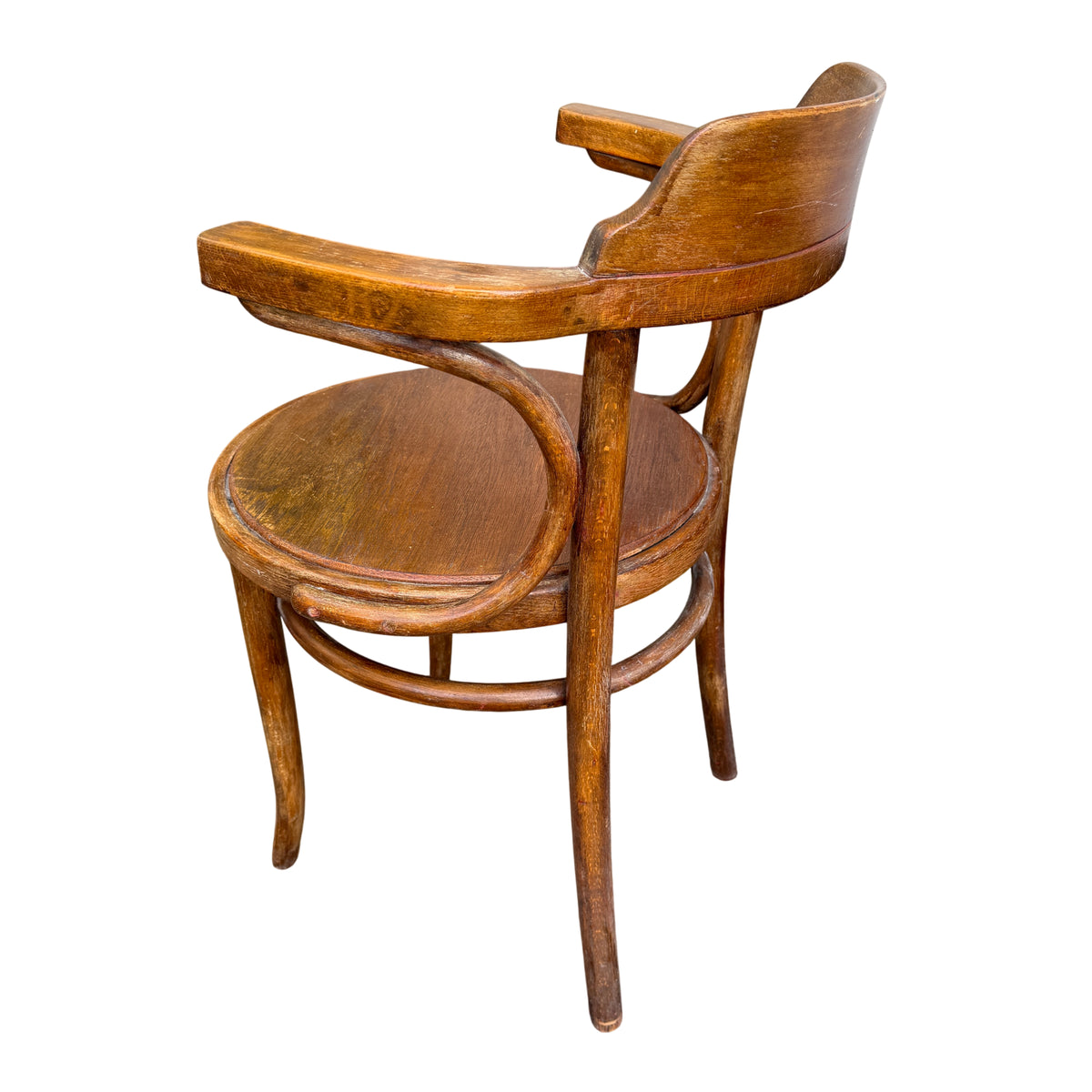 Side view of bentwood bistro chair showing curved supports and round seat