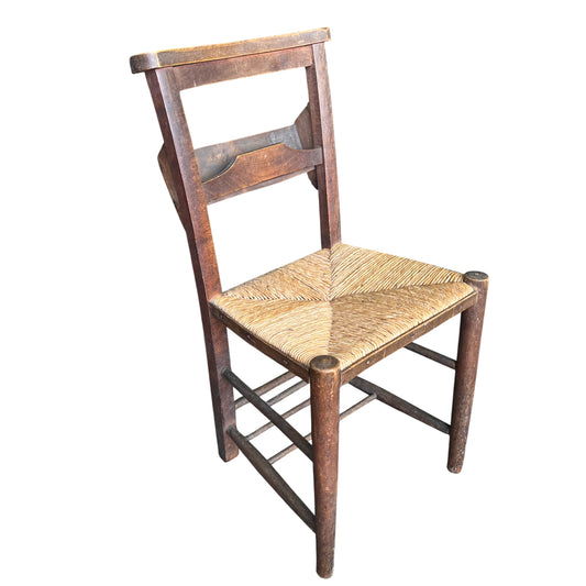 Vintage rustic solid wood dining chair with woven rush seat and curved top rail