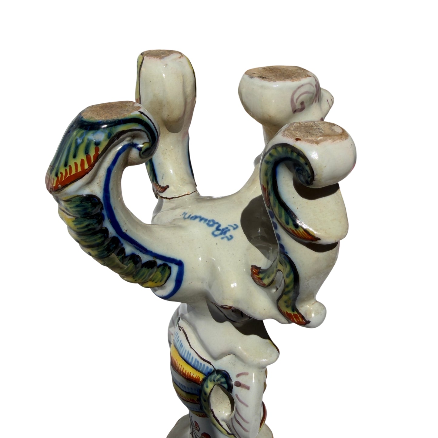 Detail of painted glaze and raised moulding on Rouen-style candlestick