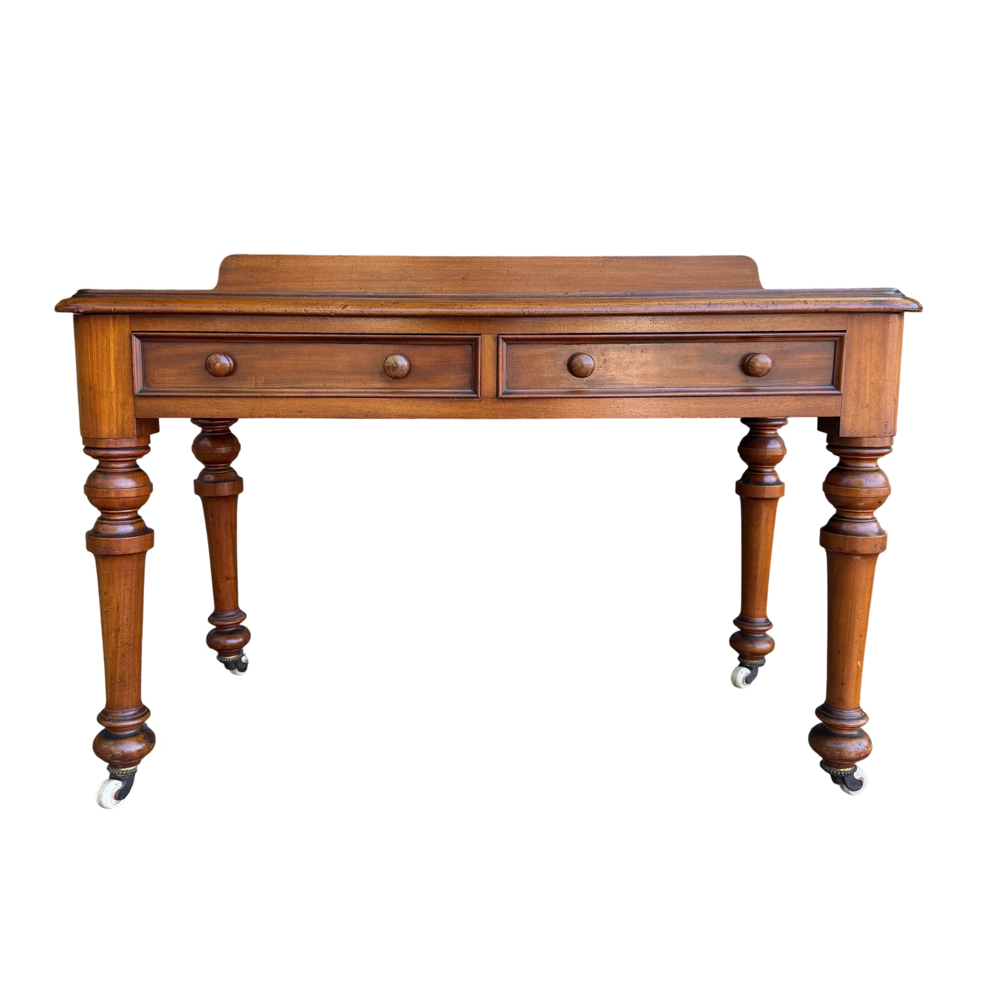 Front view of Victorian two-drawer console table with round wooden knobs