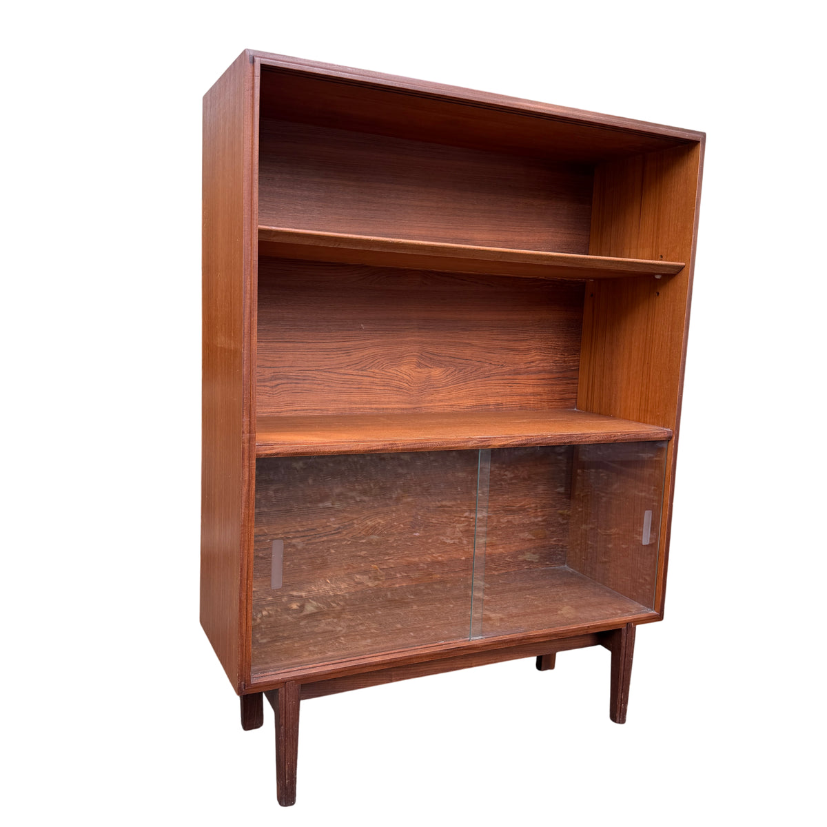 Mid Century teak display cabinet with sliding glass doors and adjustable shelf