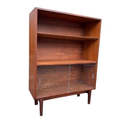 Mid Century teak display cabinet with sliding glass doors and adjustable shelf