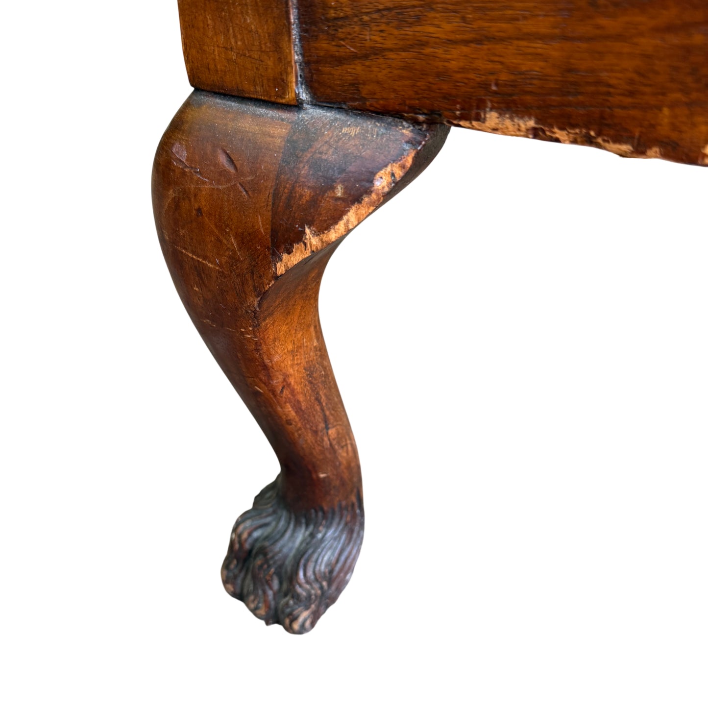 Lower frame and carved apron of vintage cane-back armchair showing wear to finish