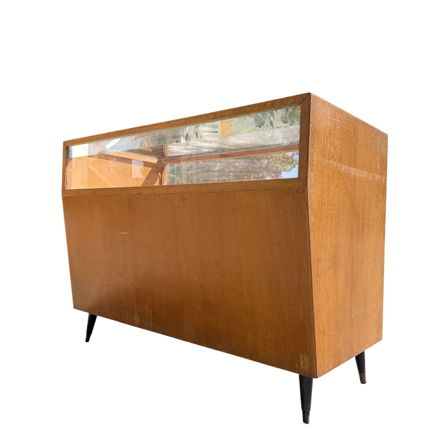 Vintage shop display counter with glazed top and internal fluorescent light tube