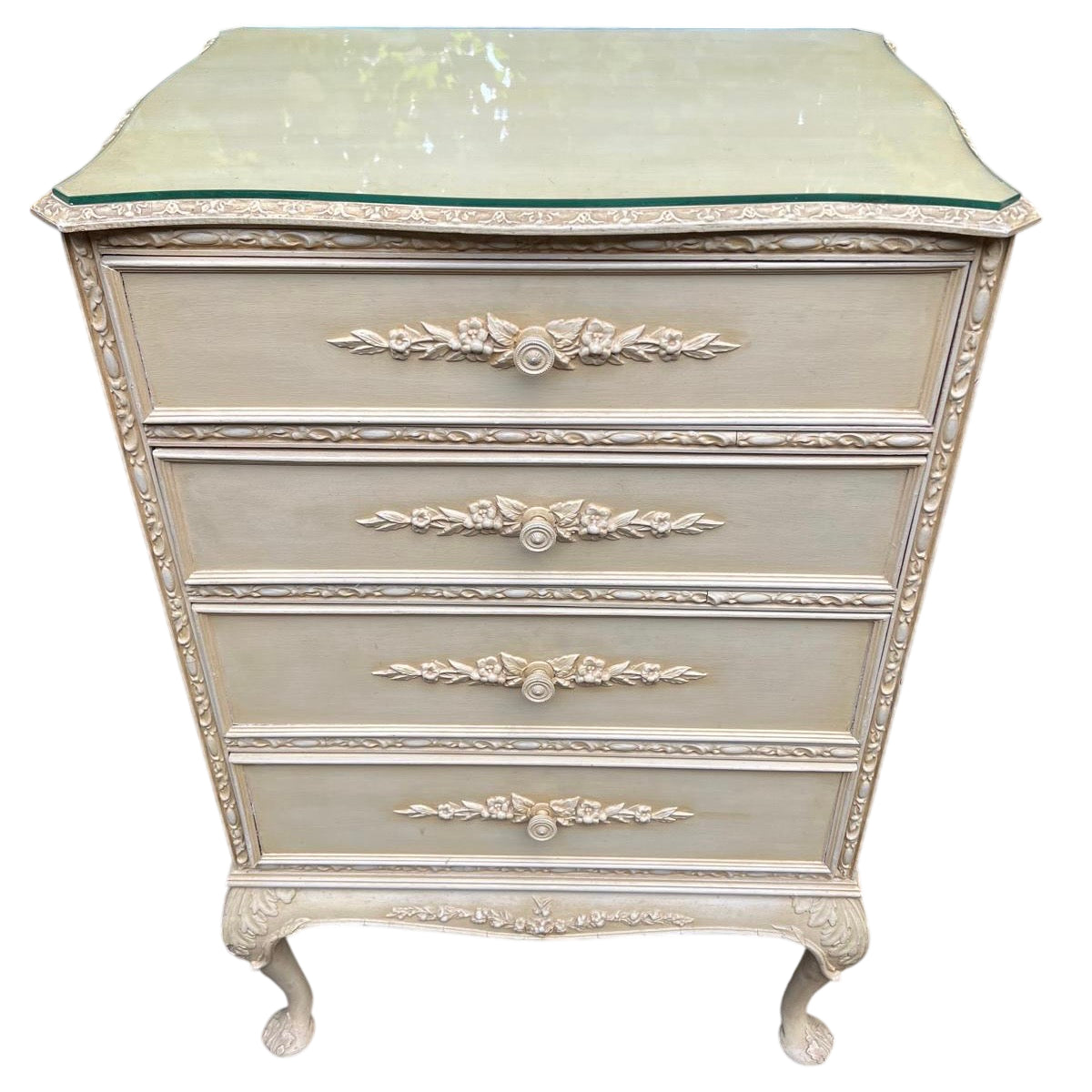 Vintage French Provincial painted chest of drawers with four drawers and raised gesso ornament