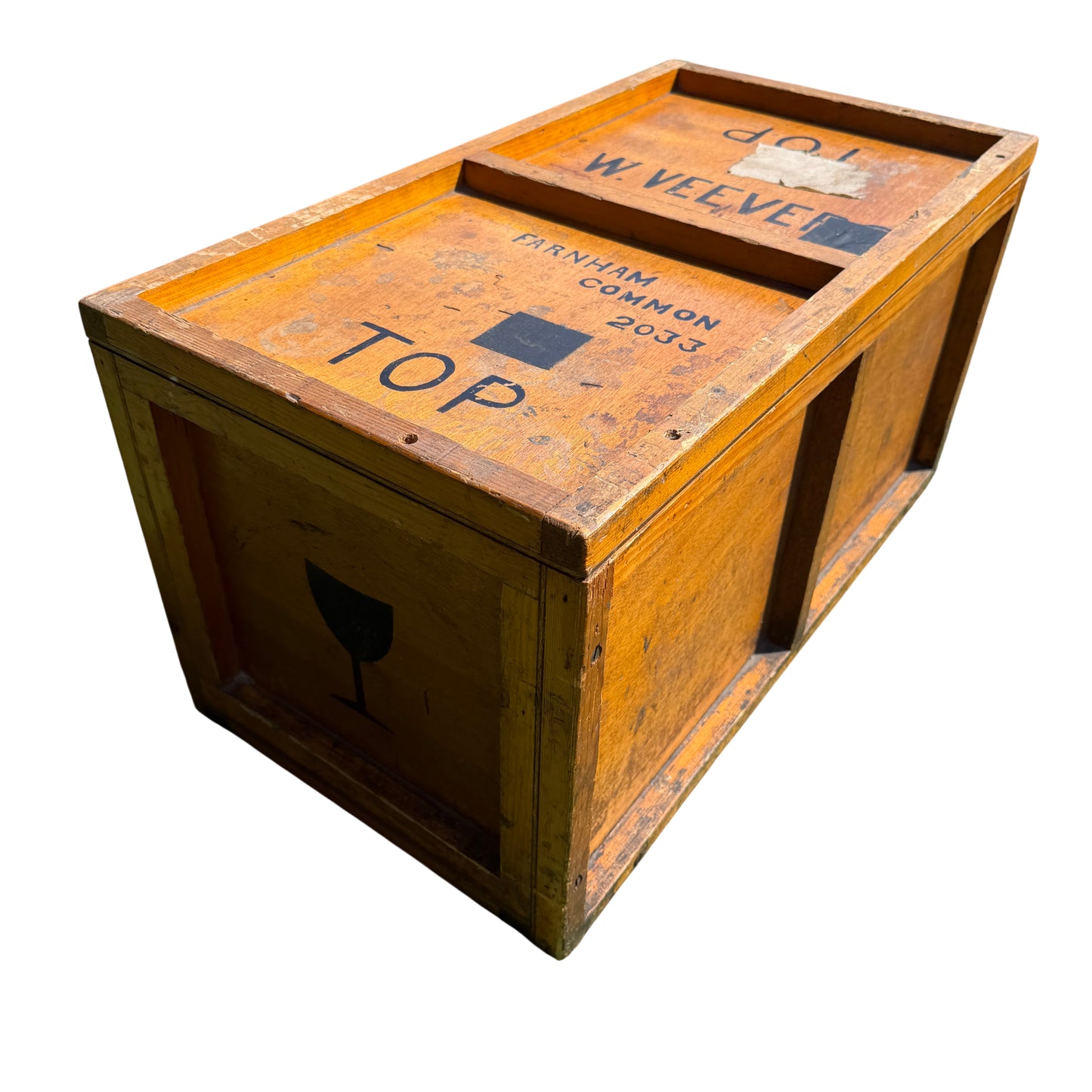 Reclaimed pine shipping crate with stencilled 'TOP' and fragile glass symbols