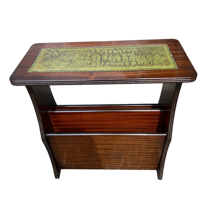 Edwardian mahogany music cabinet with inset green tooled leather top with gilt border