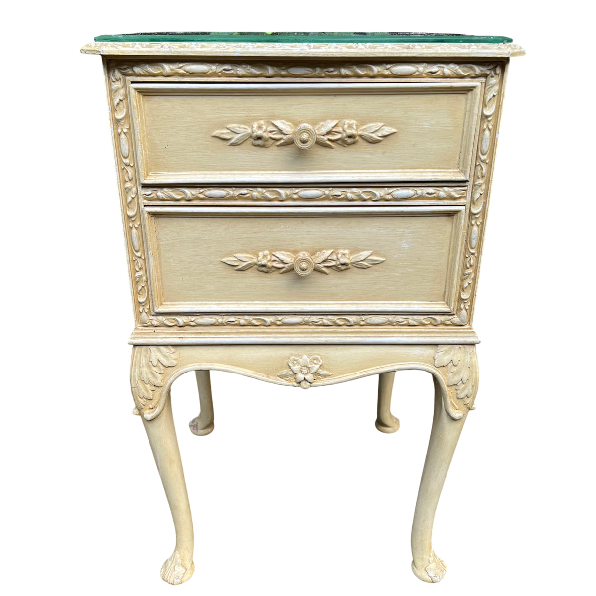 Tall narrow painted bedside chest with three drawers and carved cabriole legs