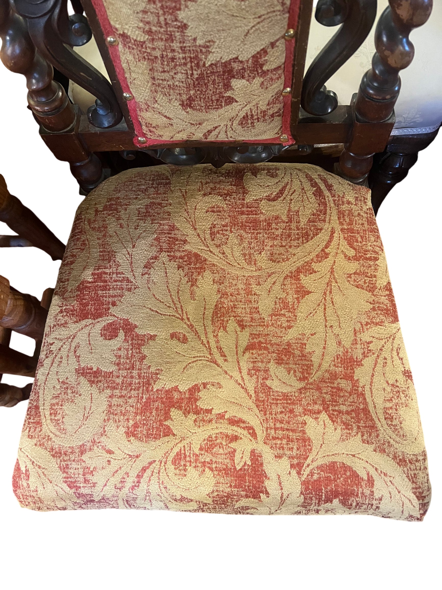 Upholstered seat with floral tapestry on Victorian walnut side chair