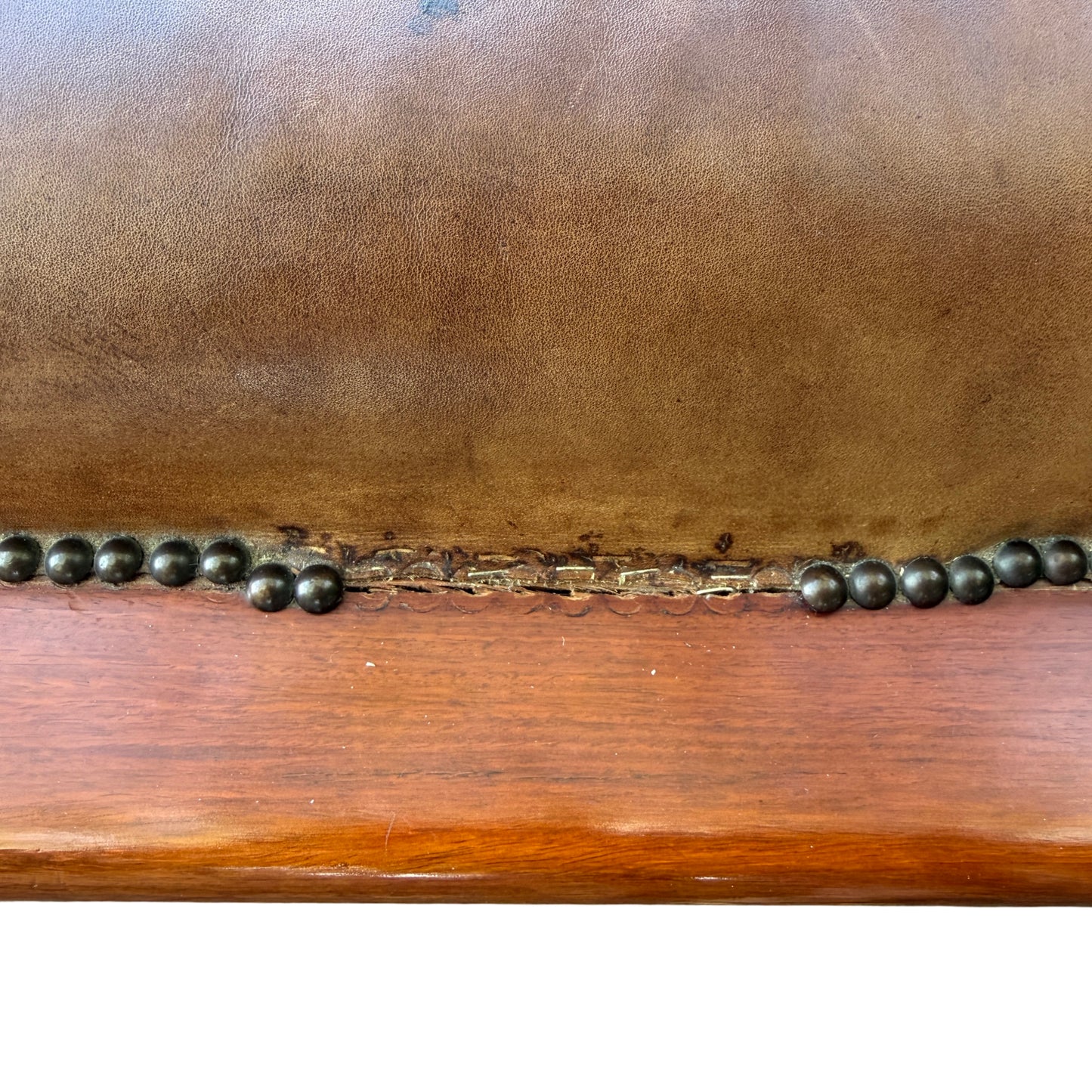 Full length view of antique leather chaise longue with decorative nailhead edging