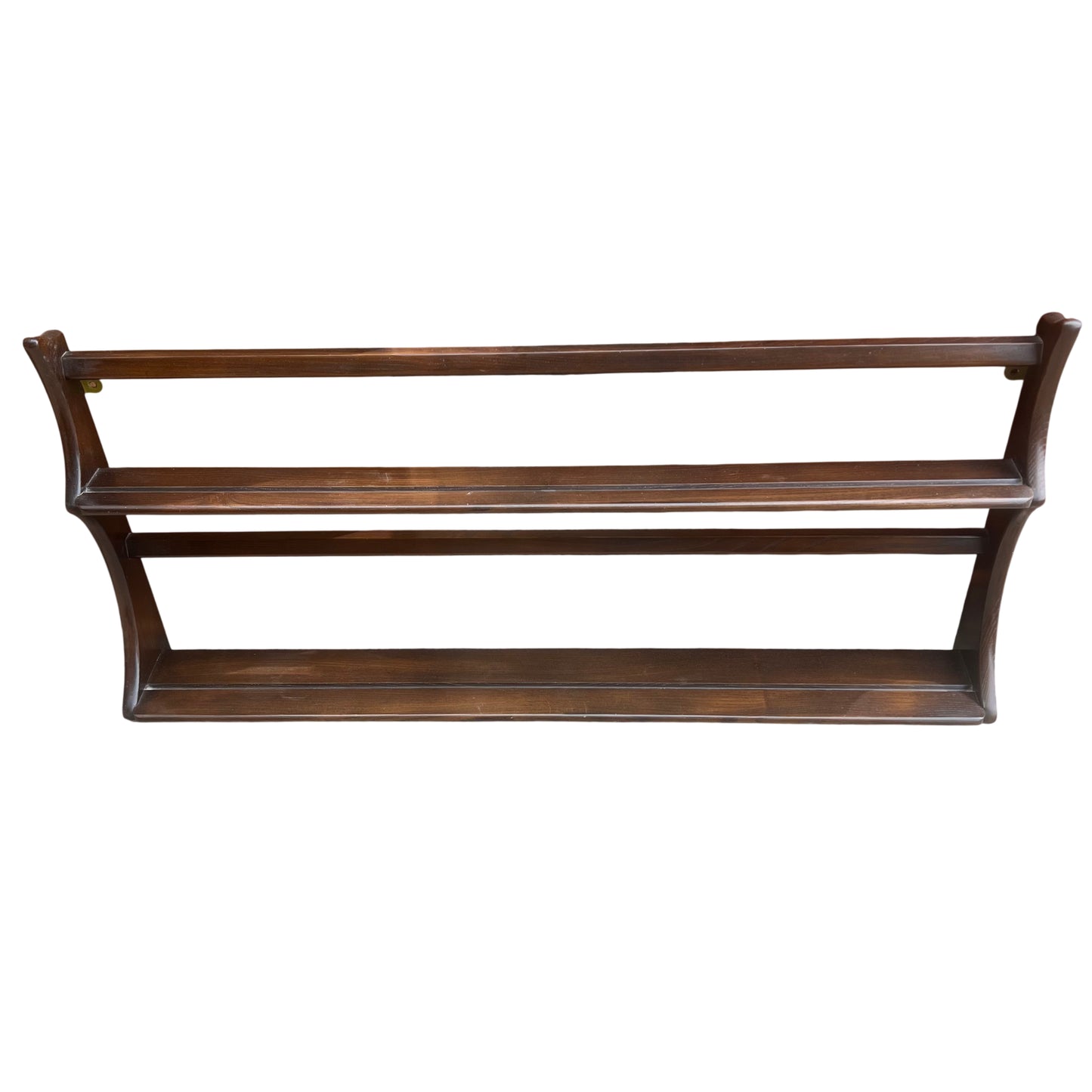 Three-tier wooden plate rack shelf by Ercol with horizontal rails for plates