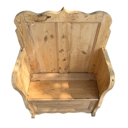 Close-up of original keyhole and hinge cut-outs in reclaimed pine settle