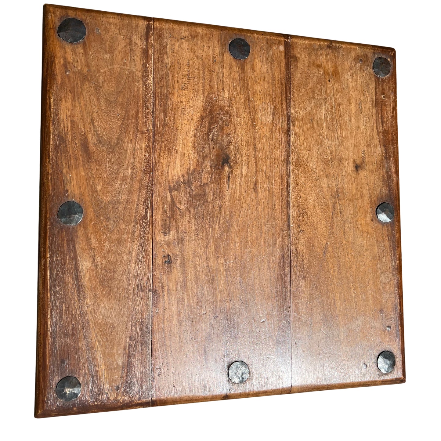 Square plank oak tabletop with aged finish and turned legs underneath